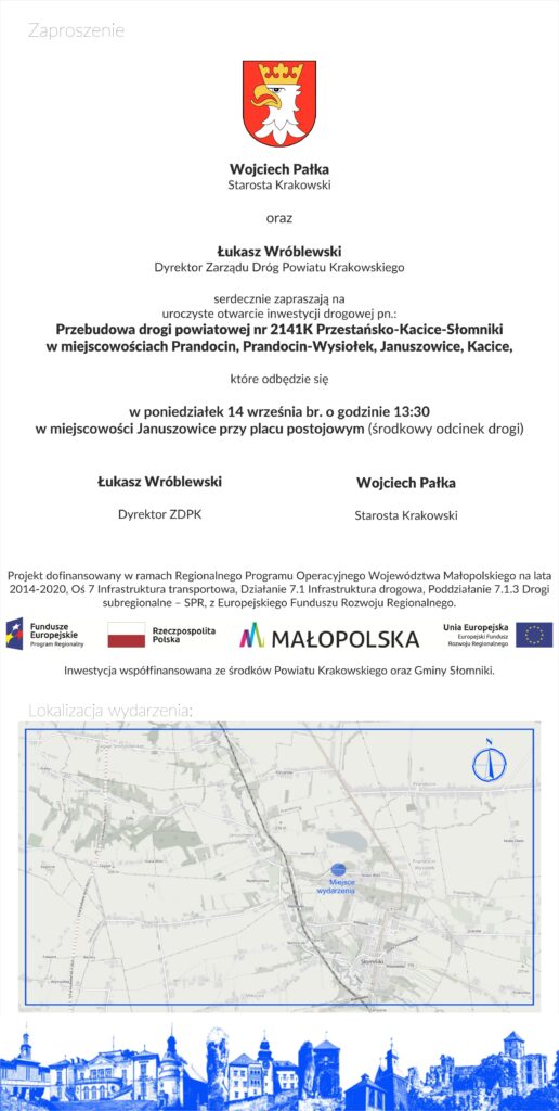 Zaproszenie na uroczyste otwarcie inwestycji drogowej w Januszowicach, w dniu 2020-09-14.
